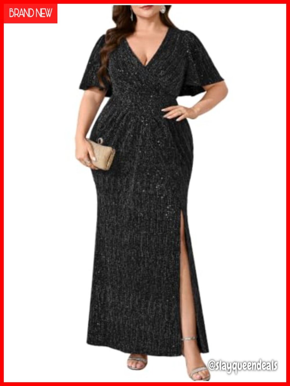 Plus Size Sequin Embroidered Gown V Neck Mermaid Slit Formal Evening Dress